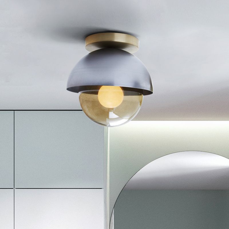 Metal Dome Flush Ceiling Light Postmodern 1-Light Grey Flushmount Lamp with Orb Amber Glass Shade
