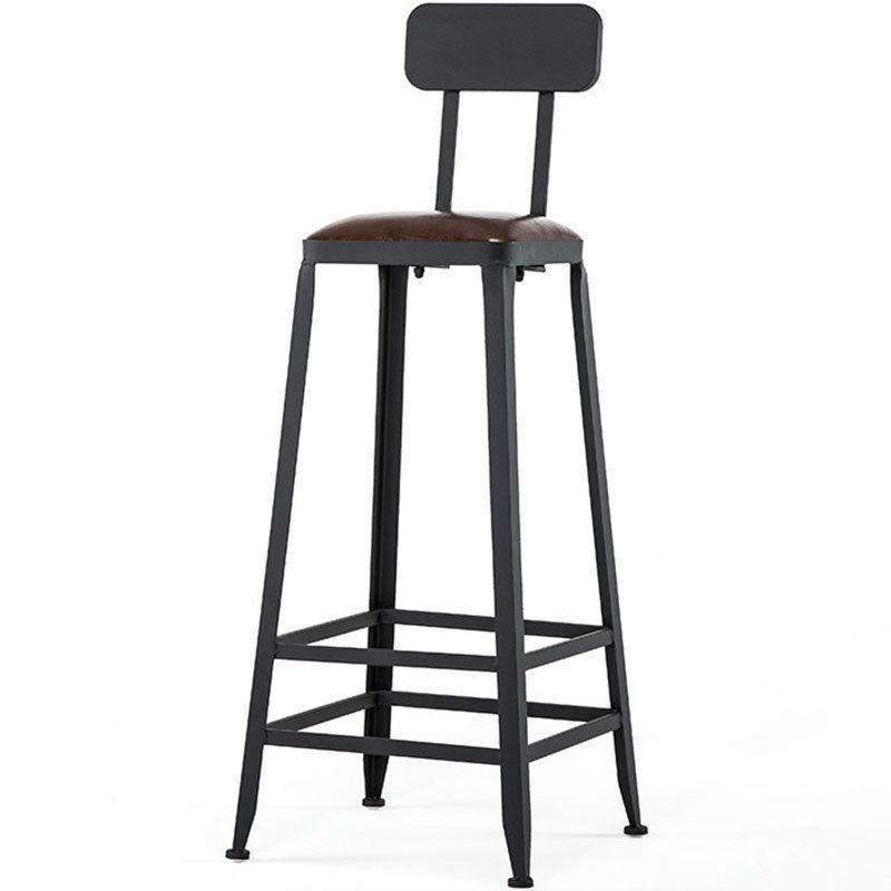 Industrial Brown Counter Stool Leather Square Stool with Black Metal Frame