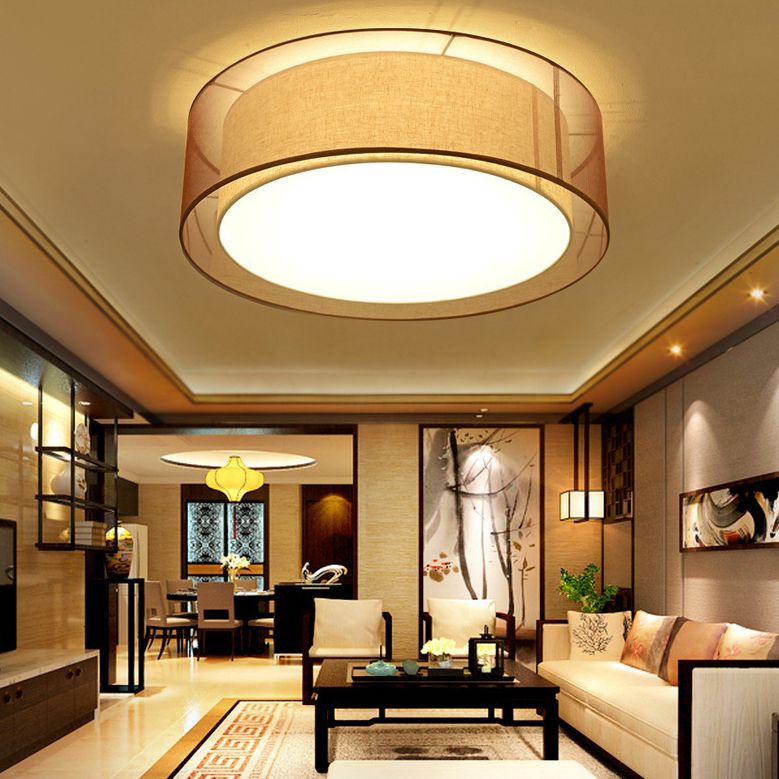 Brown Cylindrical Ceiling Light in Traditional Classic Style Wrought Iron Indoor Flush Mount with Flax Fabric Shade