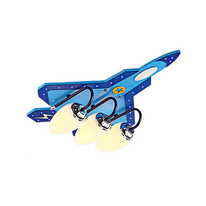 Kid Bedroom Fighter Plane Flush Mount Ceiling Light Metal 4 Bulbs Cartoon Blue Ceiling Light