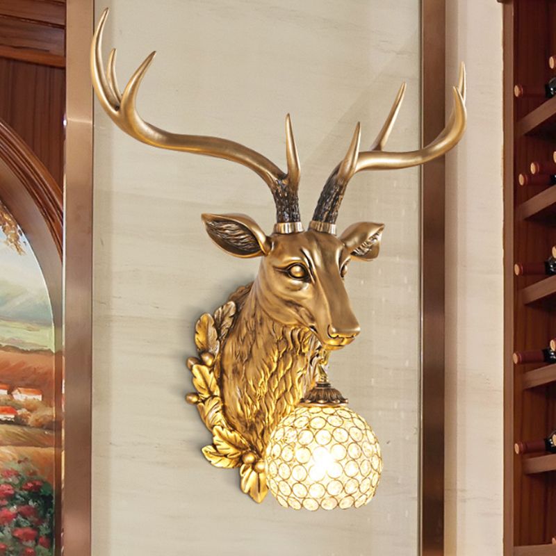 Gold 1-Bulb Sconce Light Farmhouse Faceted Crystal Sphere Wall Mounted Lamp with Sika Deer Head Design