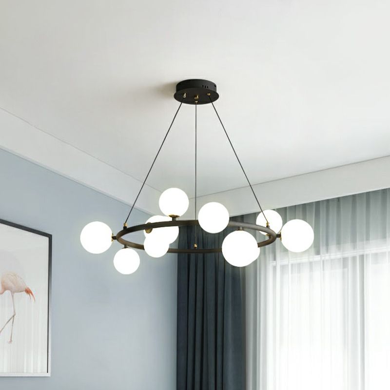 Ring Metal Chandelier Light Modern Stylish Hanging Lamp with Orb Opal Glass Shade