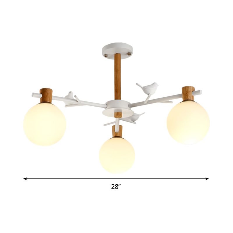 Chandelier Globe contemporain clair verre blanc 3 bulbes chambre à coucher en suspension d'éclairage avec oiseau
