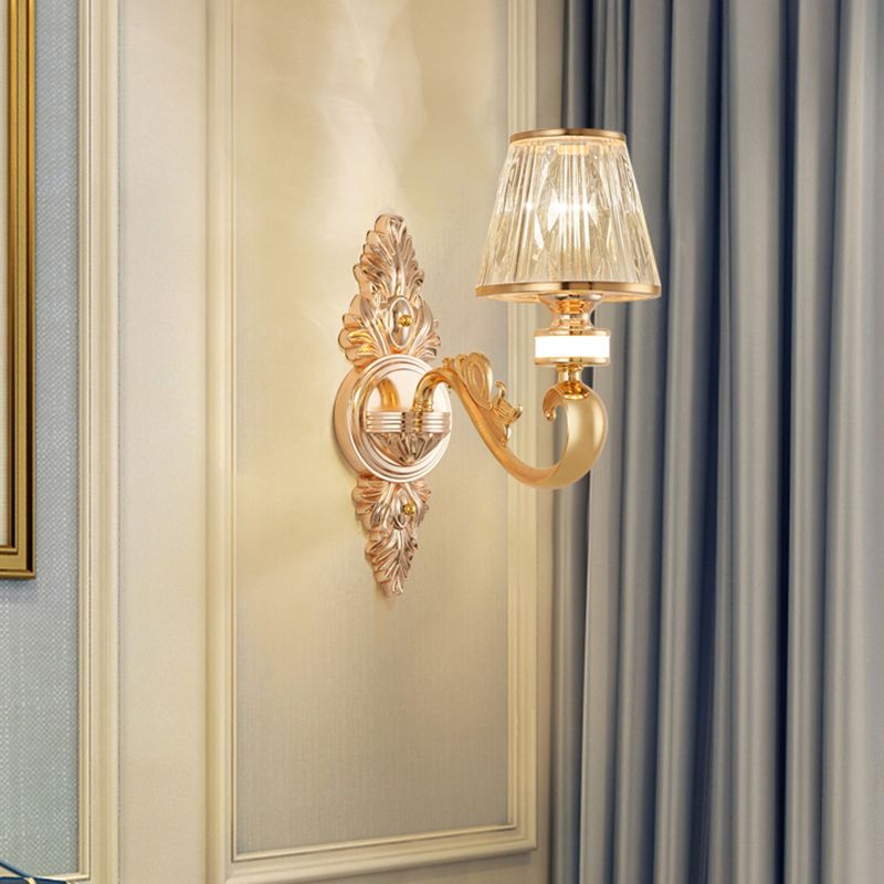 1/2-Head Wall Sconce Modern Bedside Wall Light Fixture with Cone Crystal Shade in Gold