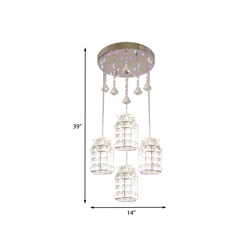 Lampada di sospensione cilindri minima Crystal Crystal a 4 luci a cluster Light in cromo cromata in cromo