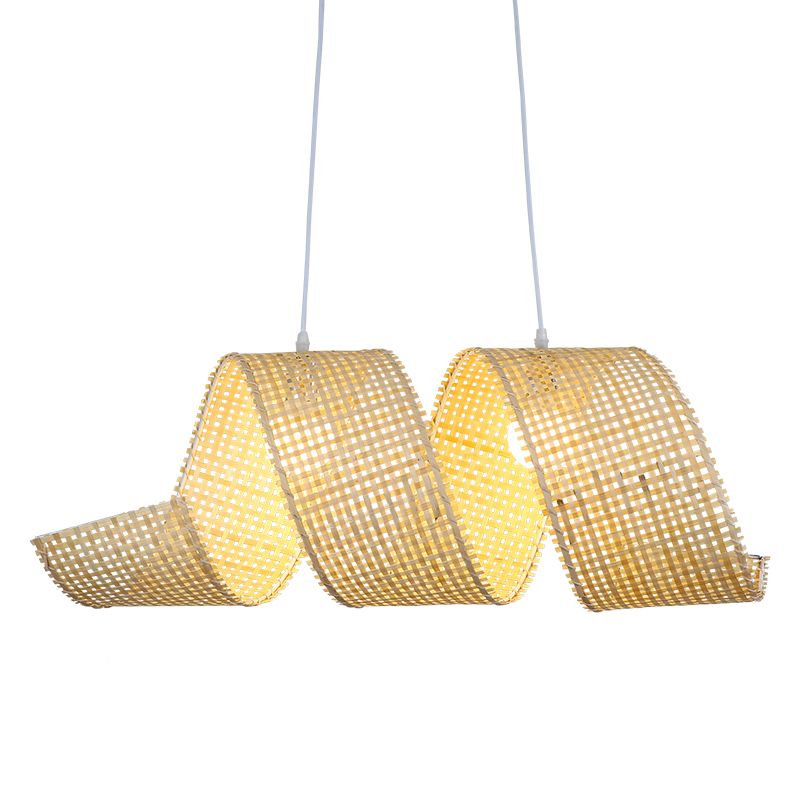 Beige Curl Hanging Light Minimalist 2-Light Bamboo Pendant Light Fixture for Tea Room