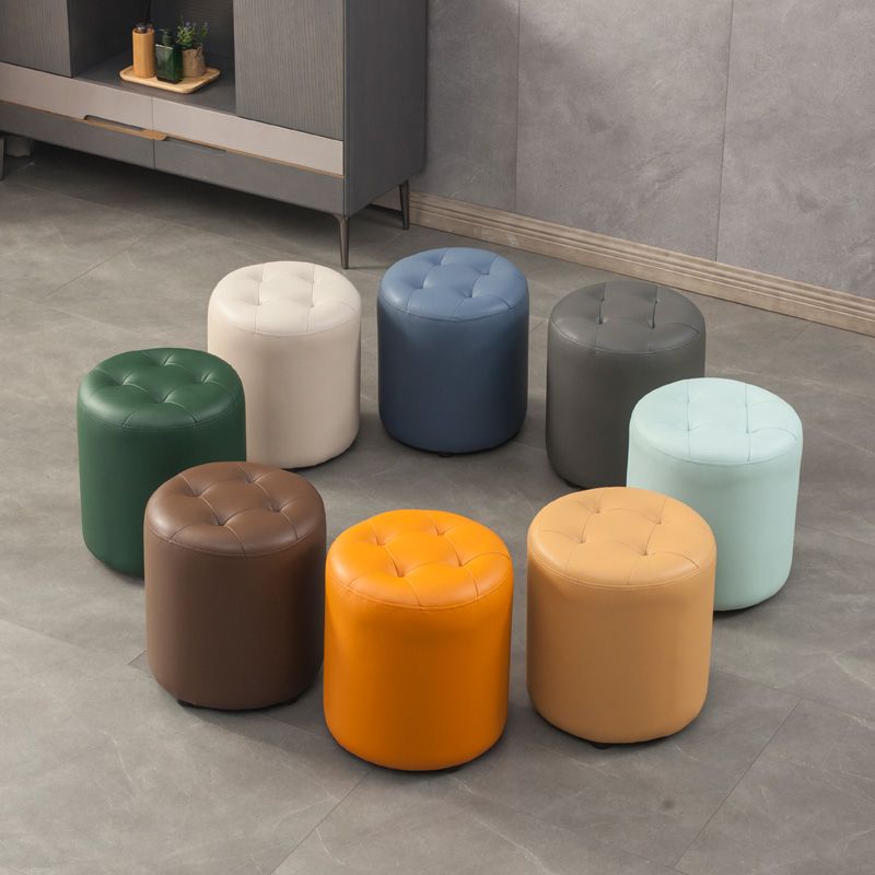 Modern Round Ottoman Solid Color Genuine Leather Tufted Pouf Ottoman