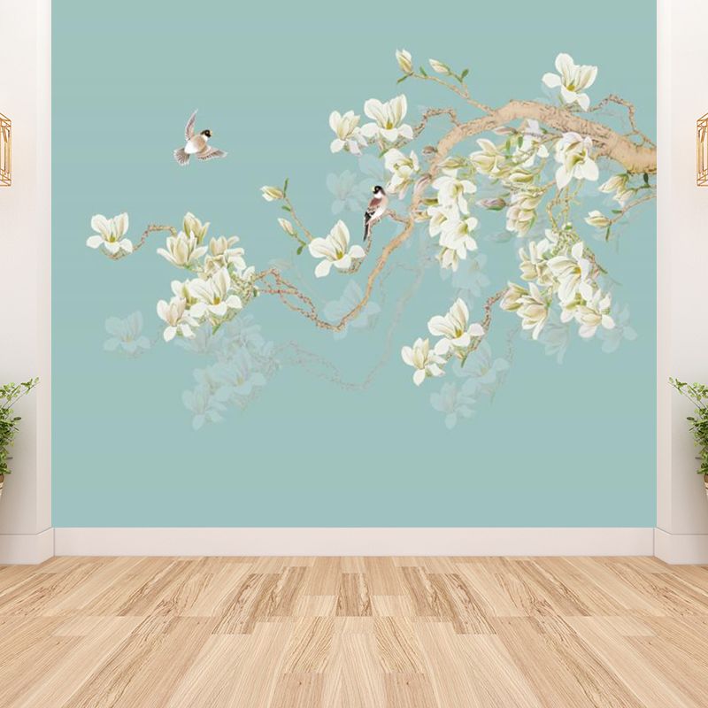 Whole Modern Mural Decal Blue Bird and Blooming Flowers Wall Decor, Made to Measure