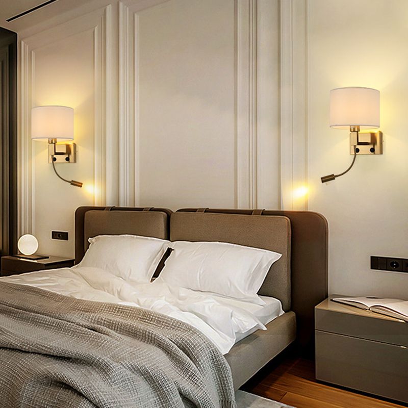 Modern Cylinder Wall Light Fixture Fabric 2 Lights Wall Sconce for Bedroom