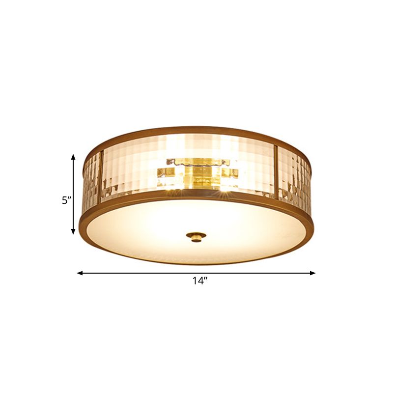 3/4/5 Bulbs Drum Ceiling Mount Colonial Brass Frosted Crystal Glass Flush Light Fixture for Bedroom, 14"/18"/23.5" W