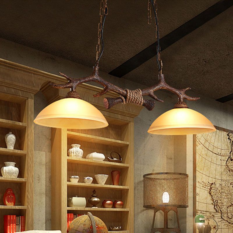 Verre Beige Dark Coffee Pendant Light Dome 2 Heads Restaurant Hanging Island Light With Antler Decor