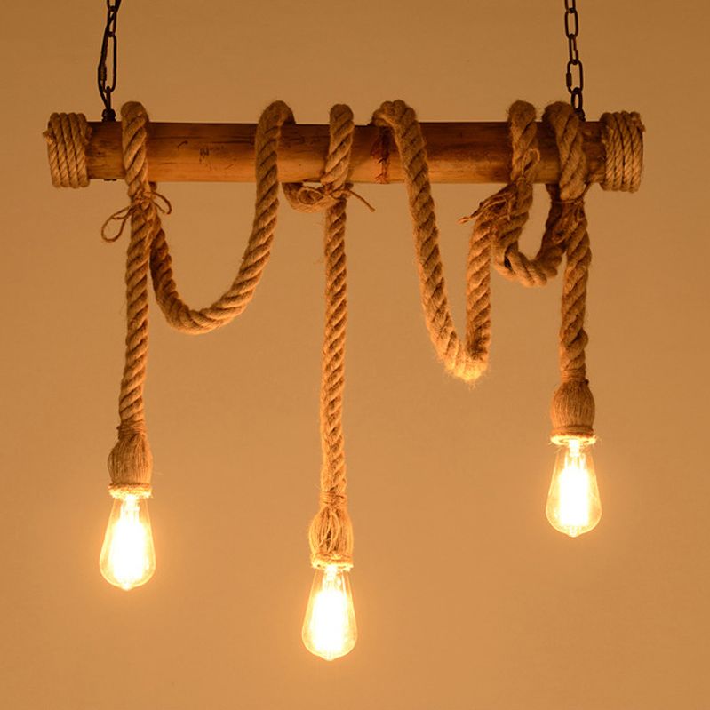 Bamboo 3 / 6 - Light Island Light Industrial Ceiling Pendant with Hemp Rope