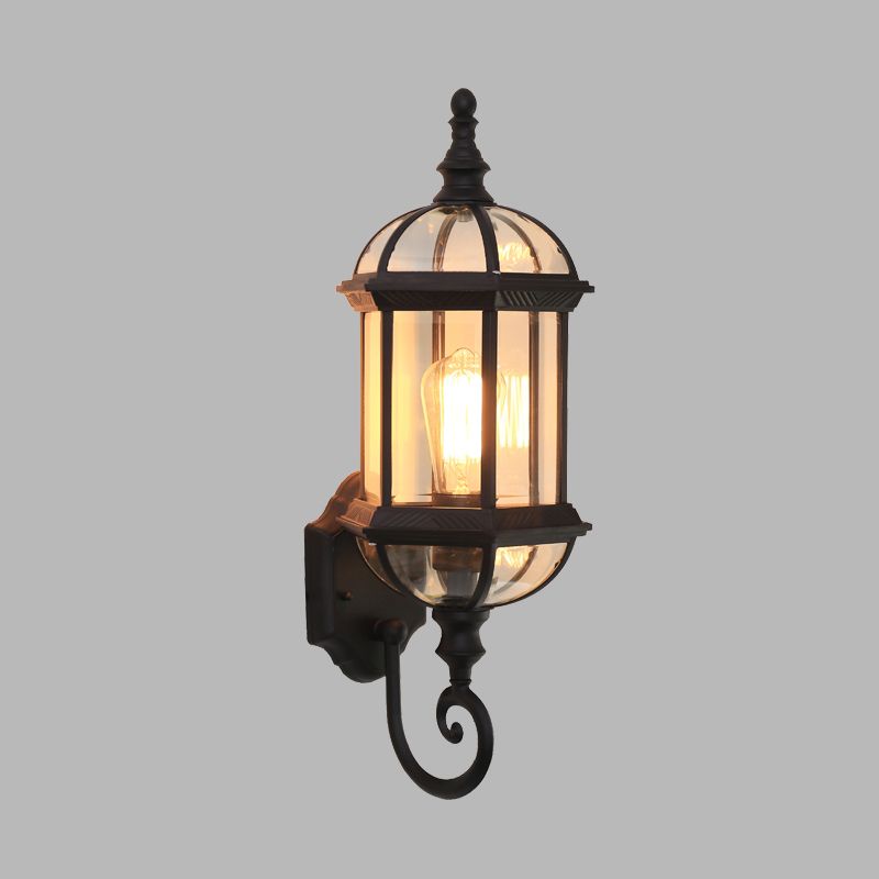 Clear Glass Birdcage Wall Sconce Country 1 Bulb Outdoor Wall Mounted Light in Black/Brass with Twisted Arm