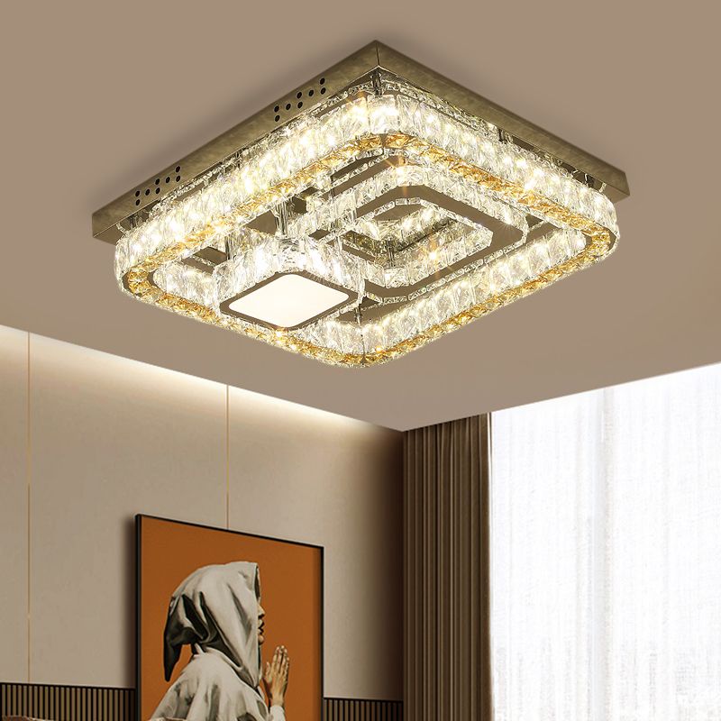 Clear Cut Crystal Blocks Square Semi Flush Contemporary Sleeping Room LED Ceiling Lighting in Stainless-Steel