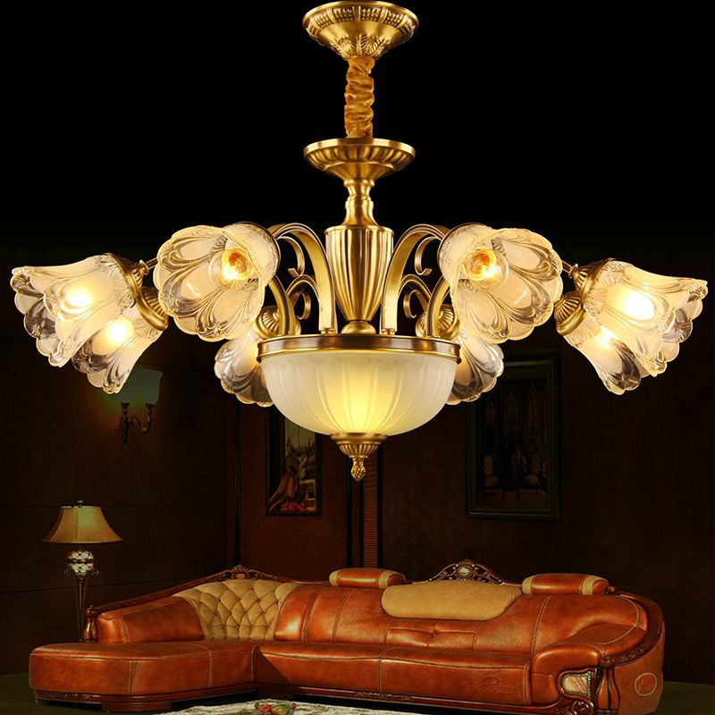 Frosted Glass Flower Kroonluchter Koloniale stijl Woonkamer Suspensie Licht in goud
