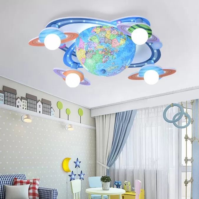 Houten bol plafondmontage licht vier hoofden moderne plafondarmatuur in blauw voor babykamer