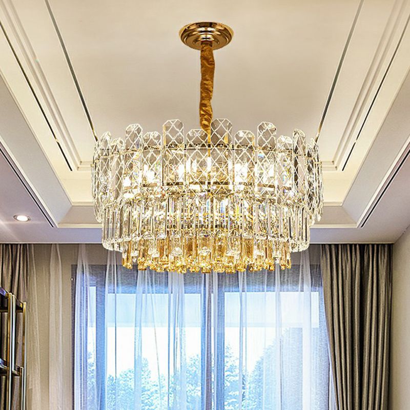 Einfacher Stil von Drum Kronleuchter rechteckig kristall 9-köpfiger Schlafzimmer Deckenbeleuchtung in klar