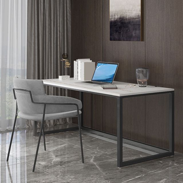 Marble H-Shape Writing Desk Mirrored with Black Metal Legs Home or Office Desk