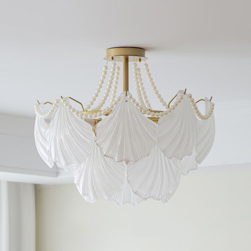 Nordic Shell Shape Chandelier Glass Multi Light Hanging Light in White for Bedroom