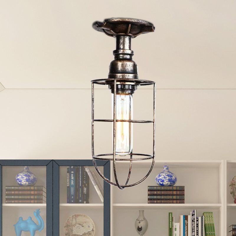 Black / Bronze 1 Bulb Semi-Flush Mount Light Vintage Metal Wire Guard Ceiling Mounted Light for Corridor