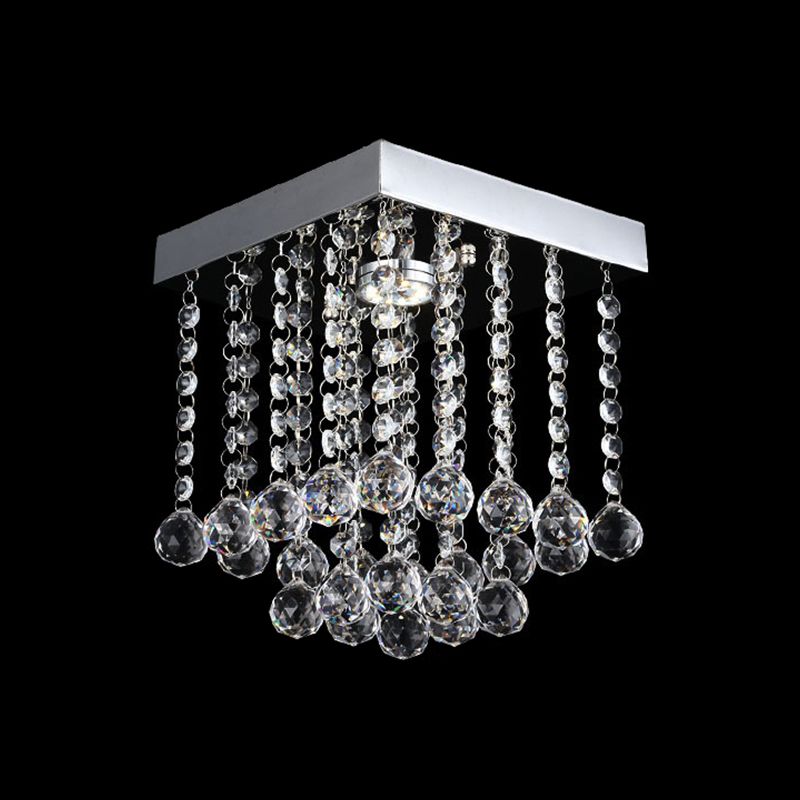 Square Cascading Crystal Flush Mount Chrome Ceiling Light Fixture with Crystal Balls