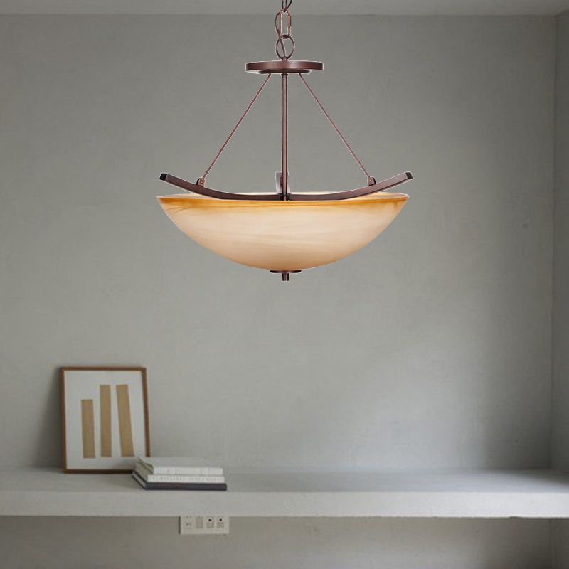 3 Lights Bowl Chandelier Light Traditional Beige Glass Suspension Lighting for Corridor