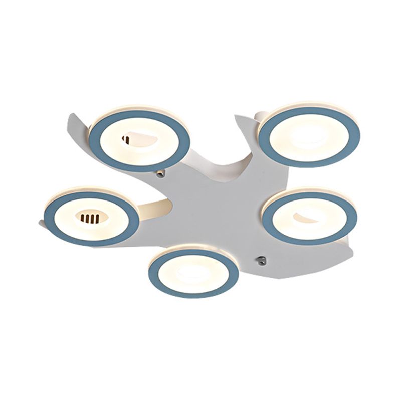 Nordic 5-Ring Flush Ceiling Light Fixture Acrylic LED Bedroom Flush Mount Lamp in Blue with Tree Iron Canopy