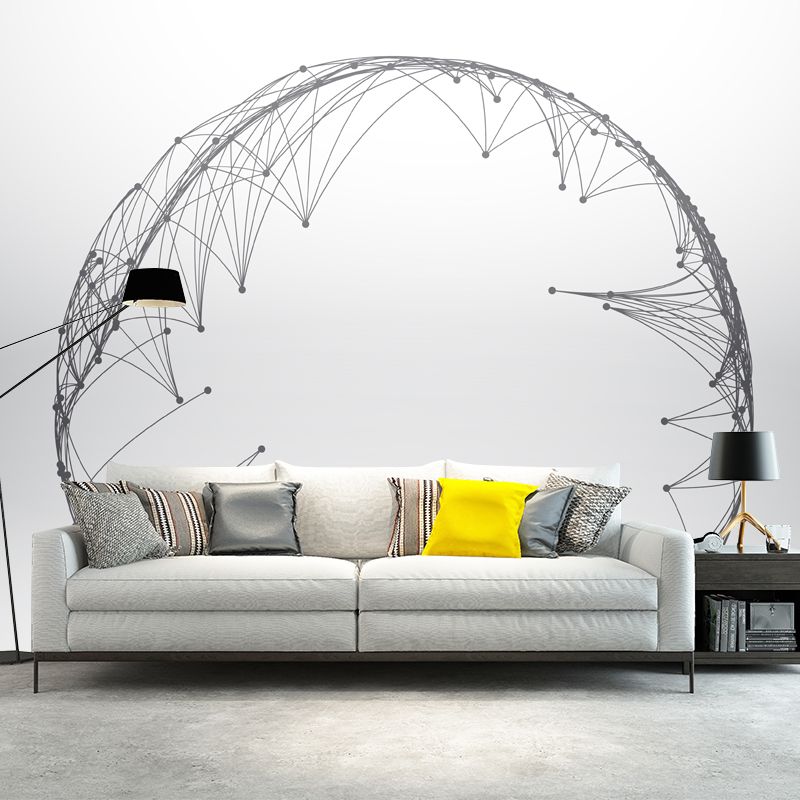 Grey-White Sketch Circle Mural Waterproofing Wall Covering for Living Room, Made to Measure