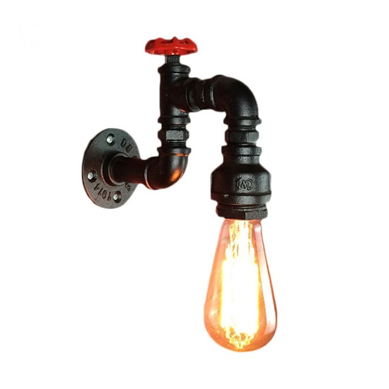 Black Faucet Wall Mount Lamp Steampunk Iron 1-Light Living Room Wall Light Kit with Red Valve