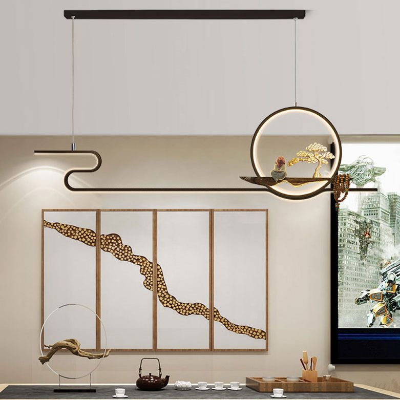 Minimalist Artistry Linear Hanging Lamp Metal Study Room LED Island Light with Monk and Tree Decor