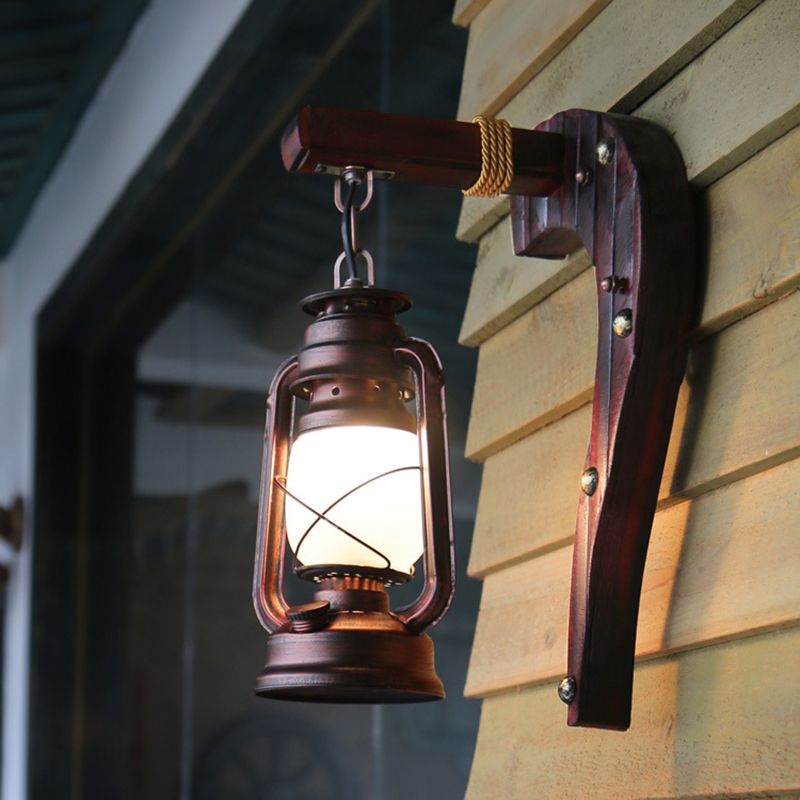 Rame antico una luce leggera leggera leggera rustica in vetro di vetro di cherosene illuminazione con retro in legno
