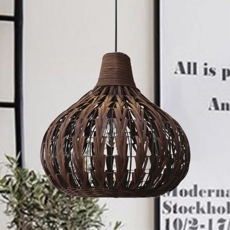 Teardrop Hanging Light Asian Rattan 14"/23.5" Wide 1 Head Coffee Suspended Lighting Fixture