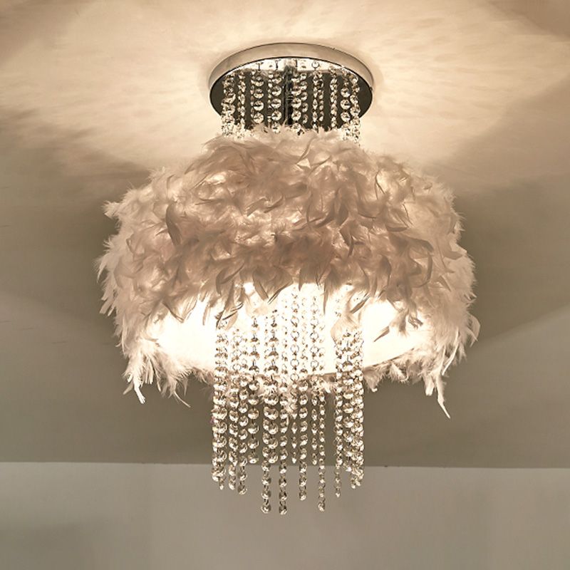 Feather Fluffy Drum Semi Flush Chandelier Modern Style 4 Bulbs Bedroom Ceiling Lamp with Crystal Chain in Chrome