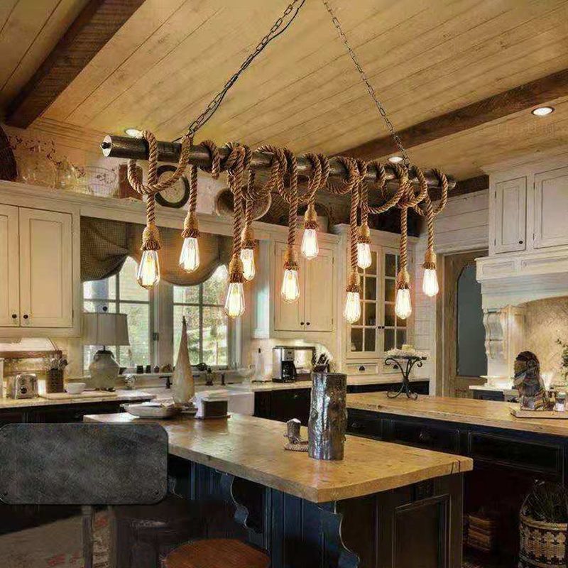Luce a ciondolo di Brown Coffee Shop isola in stile in ferro battuto in stile classico industriale con corda di canapa