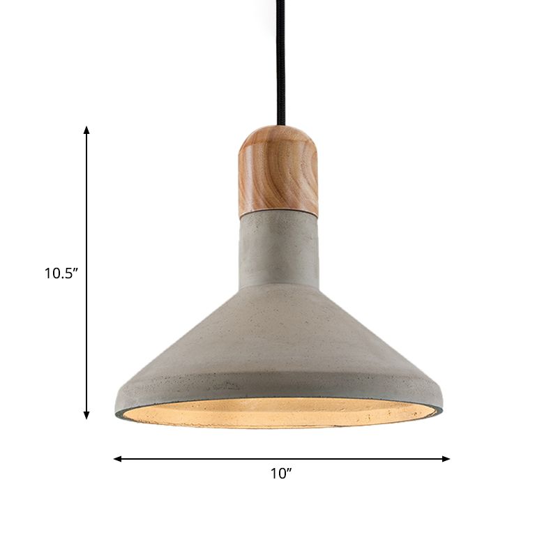 Funnel Cement Pendulum Light Nordic 1 Bulb Grey Ceiling Pendant with Wood Top for Dining Room