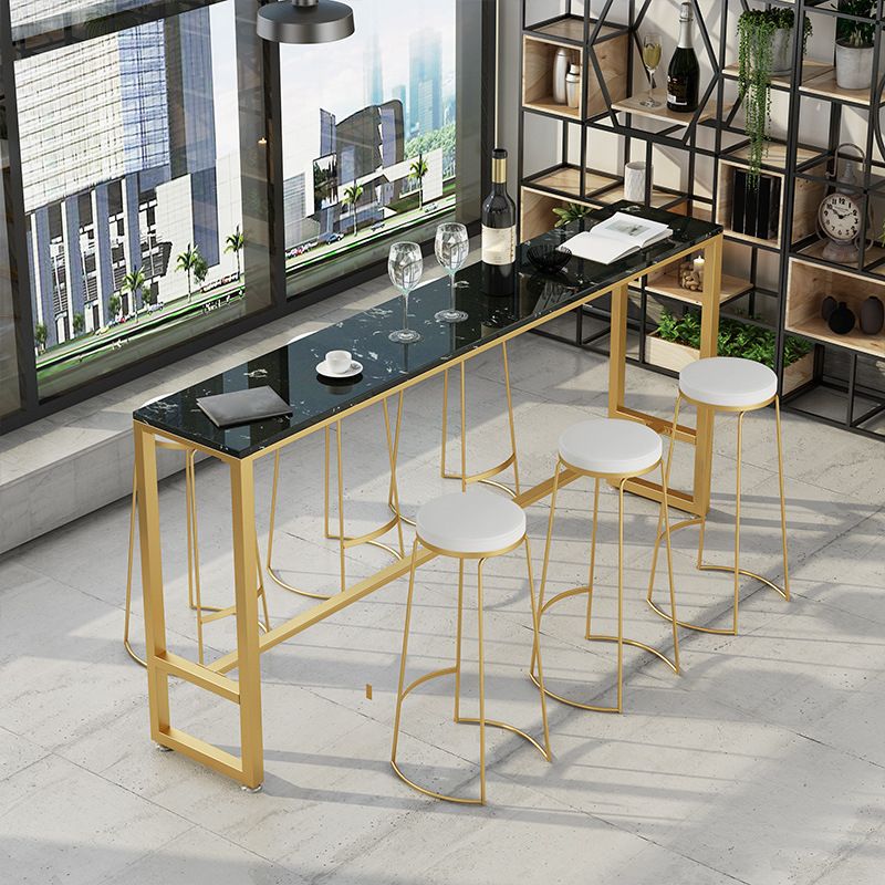 Stone Rectangle Bar Dining Table Contemporary Bar Table with Trestle Base in Gold