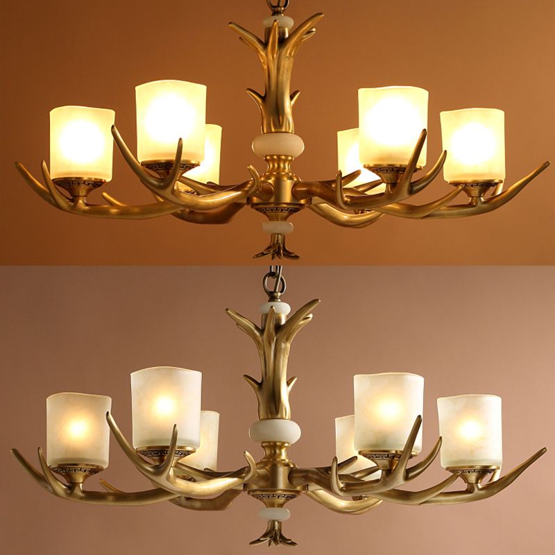 Multi-Head Chandelier Light Fixtures Rustic Antler Chandelier Pendant Lamp with White Glass Shade
