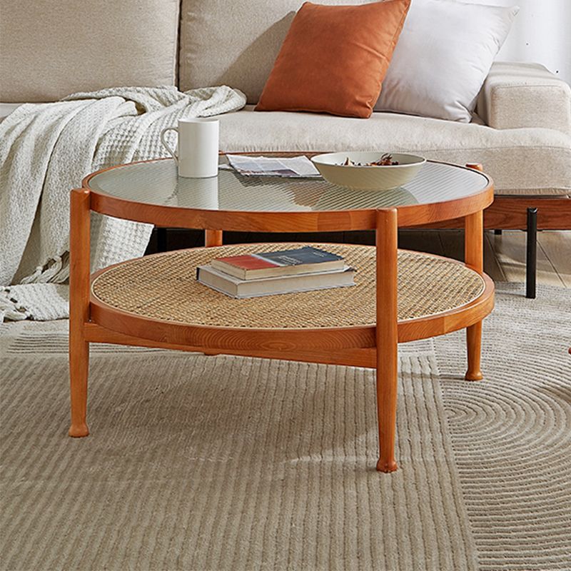 Modern 4 Legs Wood Base Glass Round Top Coffee Table for Apartment