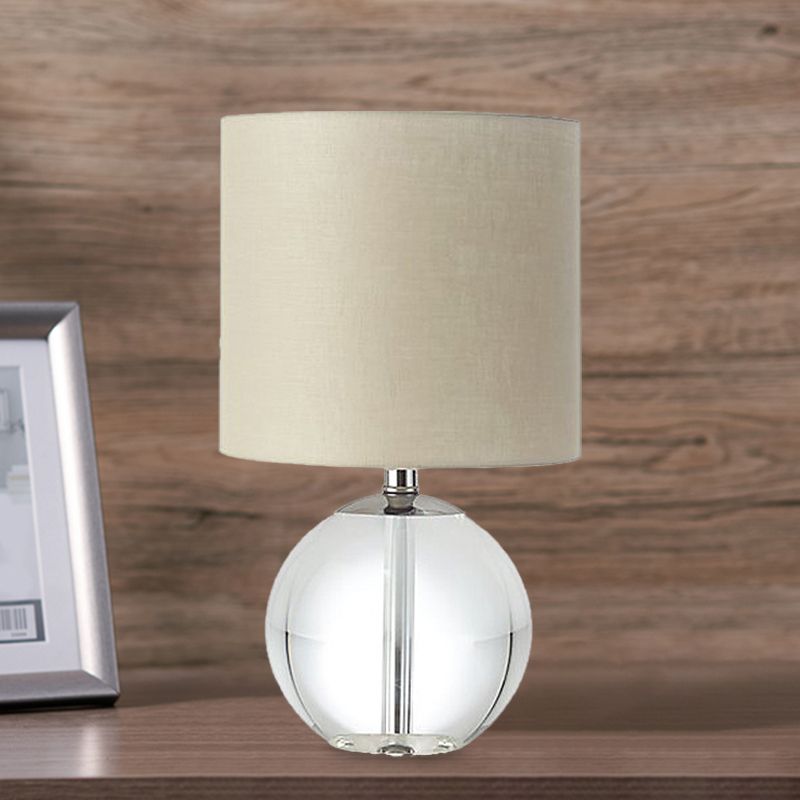 Beige 1 Head Nightstand Lamp Traditional Fabric Cylindrical Shade Table Light with Crystal Spherical Base