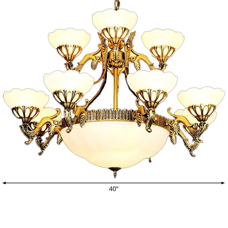 15 bollen 2-laags geschulpte kroonluchter Traditionele koperen crème glashanglamp voor woonkamer