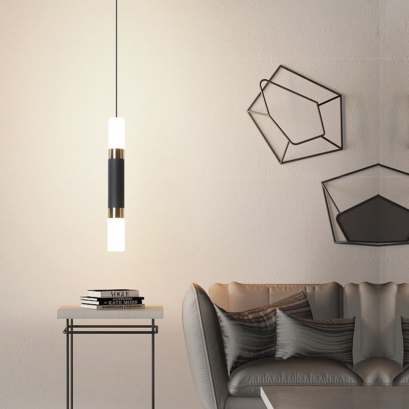Tube Bedside Pendulum Light Iron Minimalist 10"/12"/12.5" High LED Hanging Pendant in Black, Warm/White Light