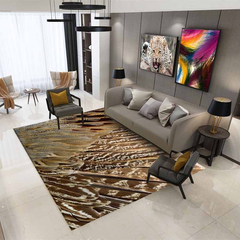 Red Modern Carpet Feather Pattern Polyester Area Rug Stain Resistant Rug for Living Room