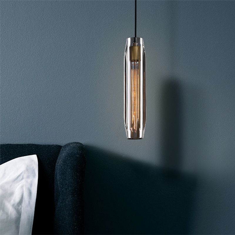 Lampada a sospensione cilindrica in ottone in moderna luce a sospensione a singolo pendente di rame di lusso con tonalità di cristallo