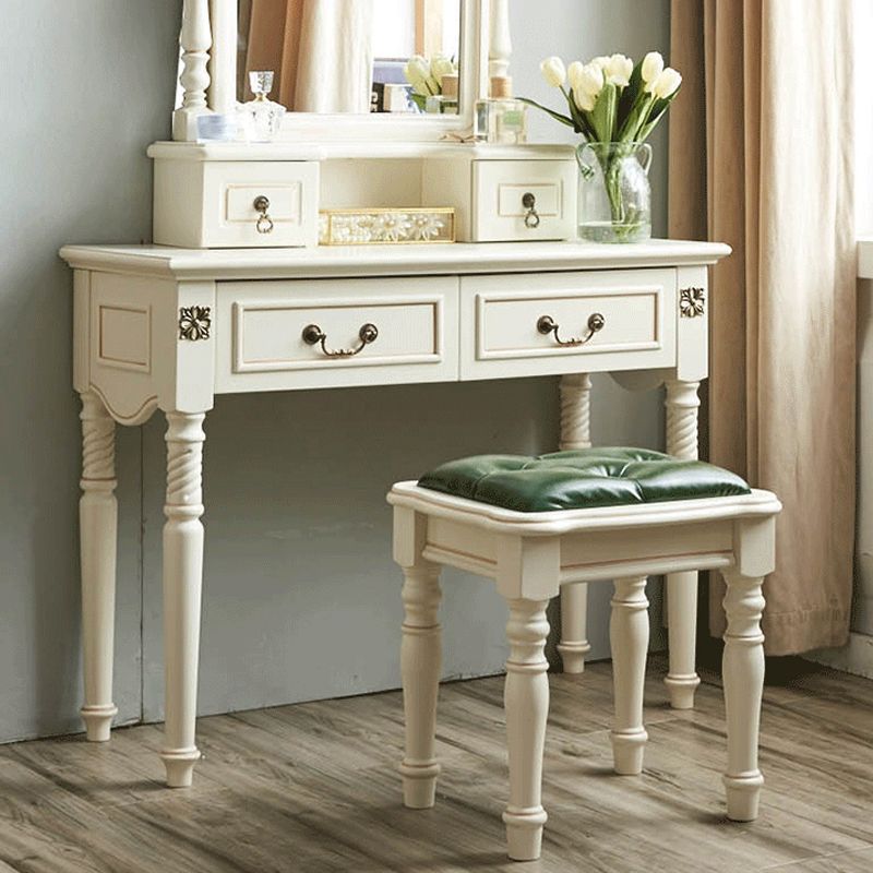 Victorian Solid Wood Vanity Makeup Dressing Table Stool Set with Mirror in White