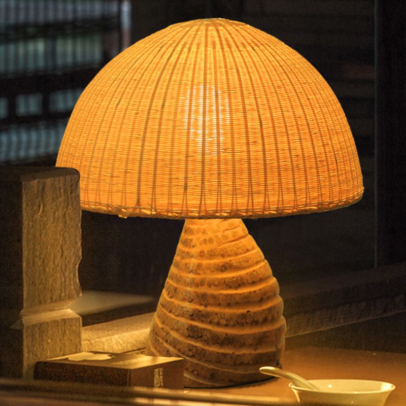 Domed Bamboo Small Desk Lamp Asian 1 Head Beige Task Lighting with Curvy Wood Base