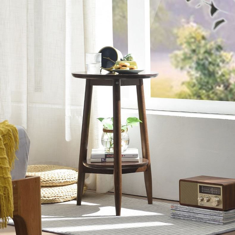 Solid Wood Round Top Side Table 23.6" Tall 3 Legs End Table with Shelf