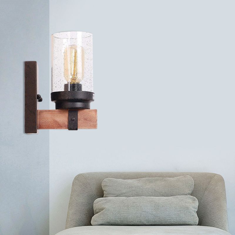 1/2/3 Light Wall Vanity Light with Cylinder Clear Seeded Glass Shade Classic Bathroom Sconce Lighting Fixture in Black