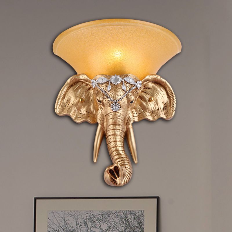 1 Bulb Resin Sconce Lamp Retro Style Golden Elephant Head Bedroom Wall Light with Flared Yellow Glass Shade