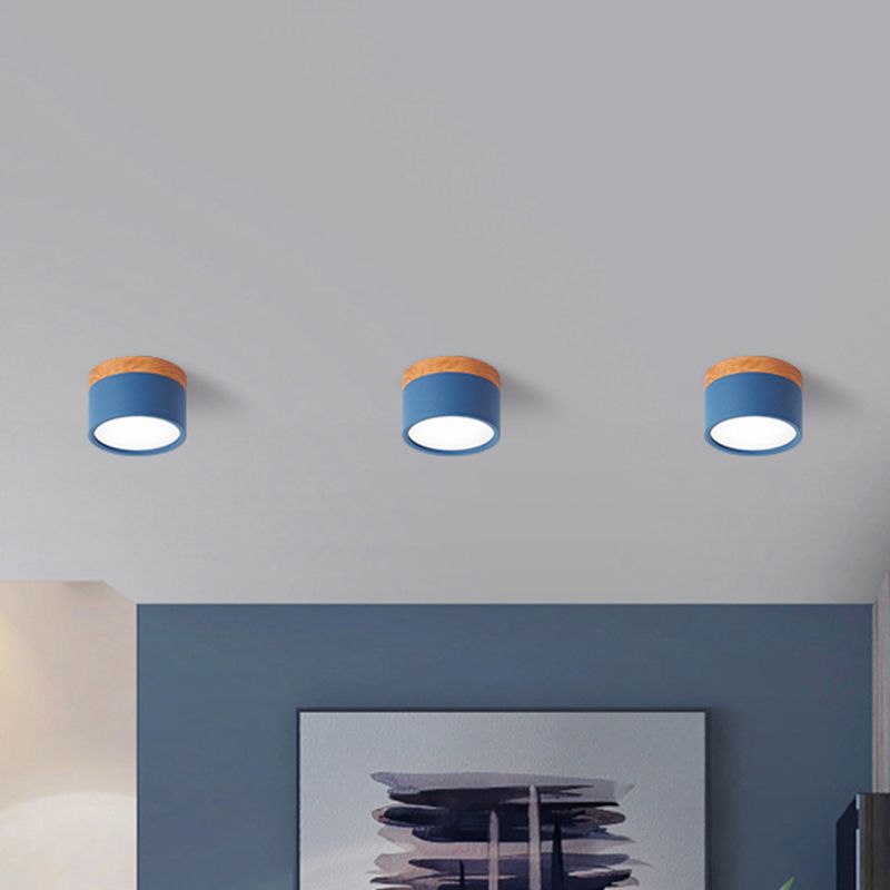 Cilindro Piccolo Flush Plafoniera Macaron Metallo Cucina Bar Flush Mount Illuminazione in Giallo/Blu/Nero e Legno