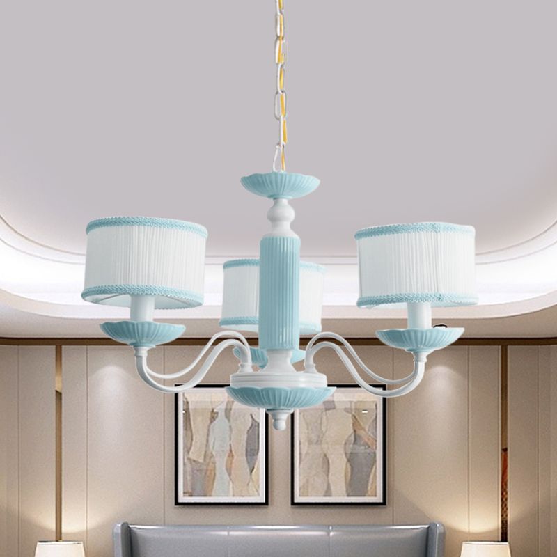 Macaroon 3/6 Bulbs Pendant Light Pink/Blue Drum Chandelier Lighting Fixture with Fabric Shade